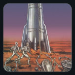 Adesivo Quadrado Vintage Science Fiction, Astronautas Beetle Aliens<br><div class="desc">Imagem de vintage: viagem de ficção científica futurista e imagem de foguete de transporte. Astronautas correndo até seu foguete escapando de aliens em forma de besouro em um planeta estrangeiro tentando voltar para a terra. Um clássico design de ficção científica de quadrinhos retrógrados do 50 do futuro.</div>