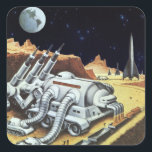 Adesivo Quadrado Vintage Science Fiction, Estação Espacial na Lua<br><div class="desc">Ilustração vintage: planetas futuristas de ficção científica e imagem espacial. Uma estação espacial na Lua com vista ao planeta Terra no céu noturno com estrelas no futuro. Um clássico design de quadrinhos retrô de ficção científica.</div>
