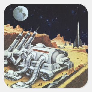 Adesivo Quadrado Vintage Science Fiction, Estação Espacial na Lua