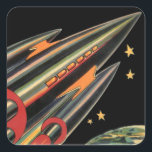 Adesivo Quadrado Vintage Science Fiction Roket Ship by Space Stars<br><div class="desc">Ilustração de safra futurista e imagem de ficção científica de planetas. Um clássico design de ficção científica em quadrinhos retrô,  do futuro,  com um viagem e um foguete de transporte viajando pelo espaço através das estrelas e da lua no caminho de volta à Terra.</div>