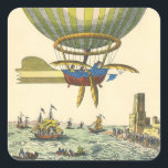 Adesivo Quadrado Vintage Science Fiction Steampunk Hot Air Balon<br><div class="desc">Ilustração Vintage Ciência Vitoriana Ficção viagem futurista e imagem de punk a vapor de transporte. Um balão de ar quente (um dirigível) com asas voando sobre o oceano com navios. Um castelo está em terra e uma multidão de pessoas está na costa perto do mar. Um clássico design de ficção...</div>