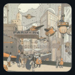 Adesivo Quadrado Vintage Science Fiction Urban Paris, Steam Punk<br><div class="desc">Ilustração vítrea Vintage punk vapor vitoriano Science Fiction viagem futurista e metrópole de transporte. A cidade de Paris,  a França,  no futuro,  com aviões de dimensão pessoal em vez de carros e a estação de metro Gare du Nord.</div>