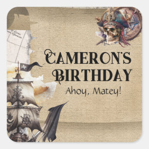 Adesivo Quadrado Vintage Scroll Treasure Map Pirates Party