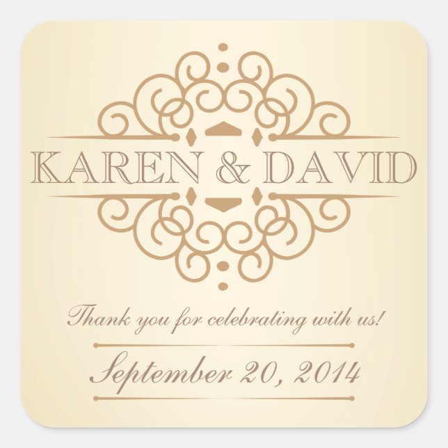 Adesivo Quadrado Vintage Scrolls Casamento Obrigado Rótulos (Frente)
