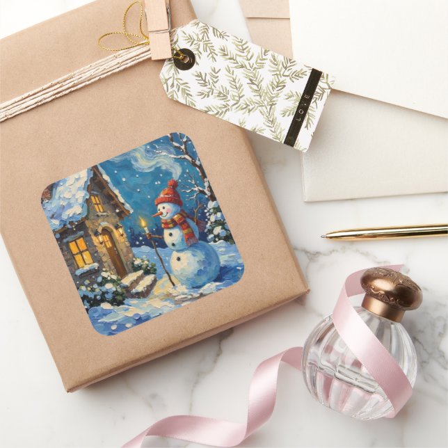 Adesivo Quadrado Vintage Snowman by Candlelit Christmas Cottage (Presentear)