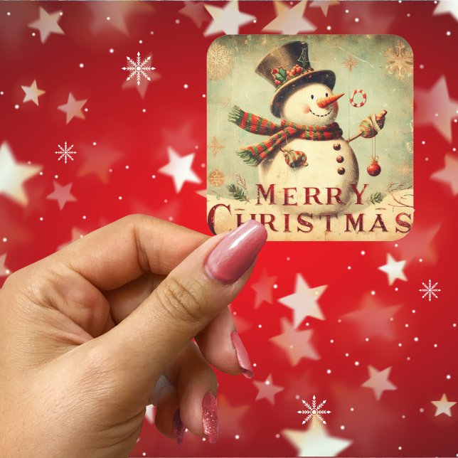 Adesivo Quadrado Vintage Snowman - Feliz Natal (Vintage Snowman - Merry Christmas Square Sticker)