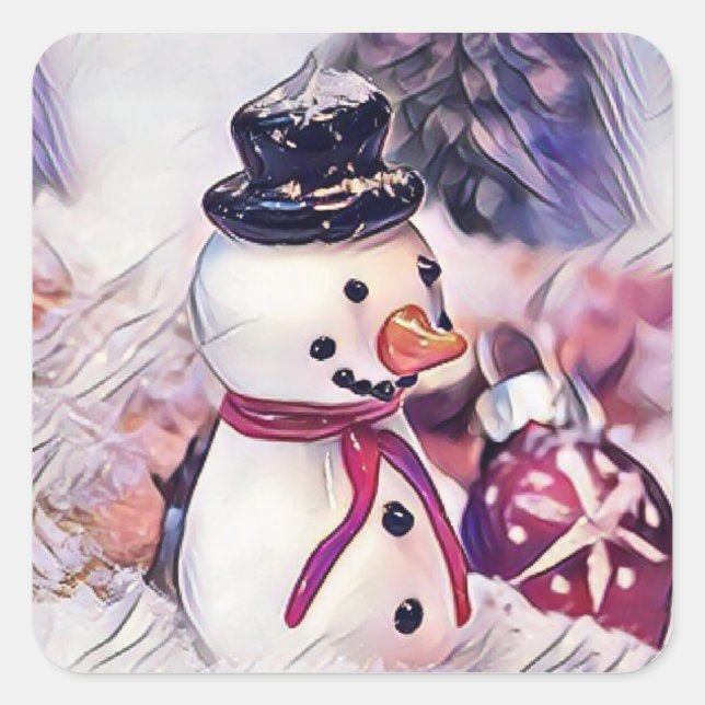 Adesivo Quadrado Vintage Snowman no Desenho de Neve (Frente)