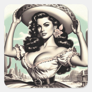 Adesivo Quadrado Vintage Sombrero Pin-up