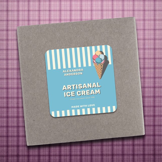 Adesivo Quadrado Vintage Sorvete Cone Label Sticker (Vintage Ice Cream Cone Label Sticker)