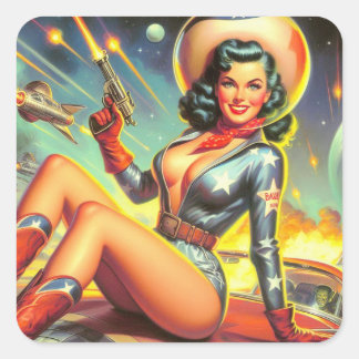 Adesivo Quadrado Vintage Space Cowgirl Pin Up