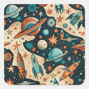 Adesivo Quadrado Vintage Spacecraft Rocket ships Pattern - Cosmos(4
