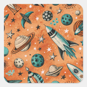 Adesivo Quadrado Vintage Spacecraft Rocket ships Pattern - Cosmos(5