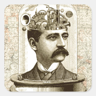 Adesivo Quadrado Vintage steampunk clocking brain, homem do bigode