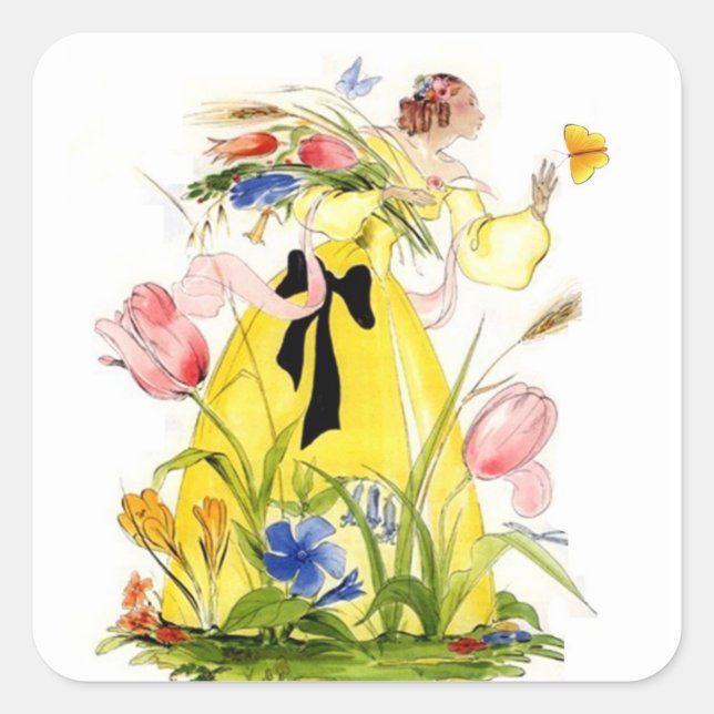 Adesivo Quadrado Vintage Sticker Garden Lady Reach For Butfly (Frente)