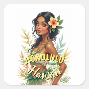 Adesivo Quadrado Vintage Style Hawaii Viagem Honolulu Hula Girl