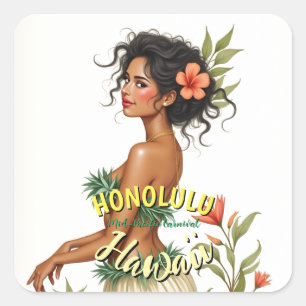 Adesivo Quadrado Vintage Style Hawaii Viagem Honolulu Hula Girl