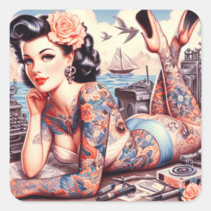 Adesivo Quadrado Vintage Tattoo Old School Girl