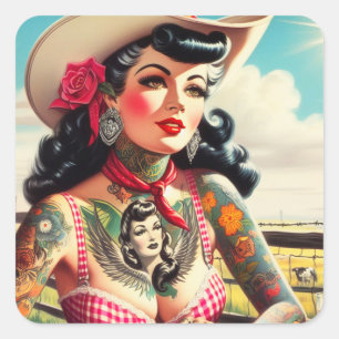 Adesivo Quadrado Vintage Tatuado País Pinup