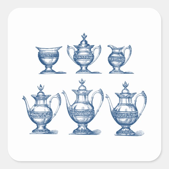 Adesivo Quadrado Vintage Tea Set Blue White Coffee Pote Decorre (Frente)