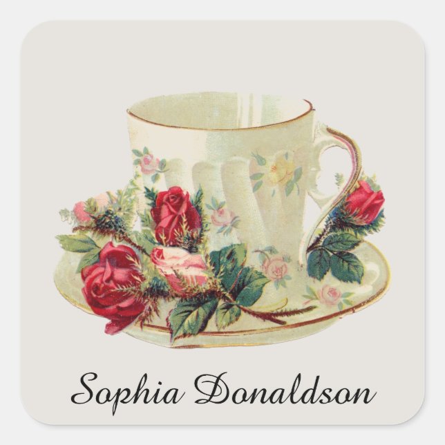 Adesivo Quadrado Vintage Teacup Personalizado e Rosa Sticker (Frente)