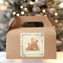 Adesivo Quadrado Vintage Teddy Bear Duo Red Plaid Postage Stamp 