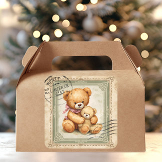 Adesivo Quadrado Vintage Teddy Bear Hug Postage Stamp 