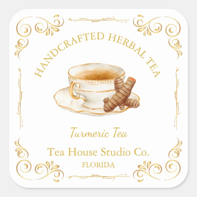 Adesivo Quadrado Vintage Turmeric Tea Square Label (Frente)