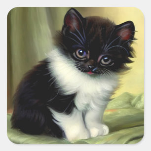 Adesivo Quadrado Vintage Tuxedo Kitten Illustration