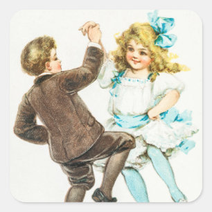 Adesivo Quadrado Vintage Um Feliz Natal Garoto e Dança de Garota