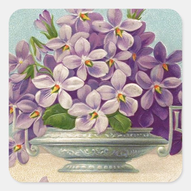 Adesivo Quadrado Vintage Vase of Purple Flowers (Frente)
