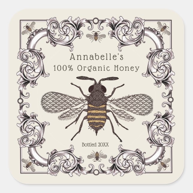 Adesivo Quadrado Vintage Victorian Honey Label Personalize (Frente)