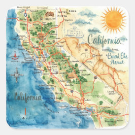 Adesivo Quadrado Vintage Watercolor California Travel Map Art