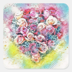 Adesivo Quadrado Vintage Watercolor de Coração Colorida de Rosas