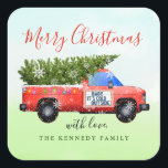 Adesivo Quadrado Vintage Watercolor Red Christmas Truck Family<br><div class="desc">Cartazes de Natal felizes com um caminhão de natal vermelho e pinheiro. Personalize com o nome da família.</div>
