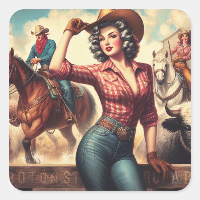 Adesivo Quadrado Vintage Western Cowgirl (Frente)