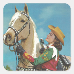 Adesivo Quadrado Vintage Western Cowgirl e Palomino Horse