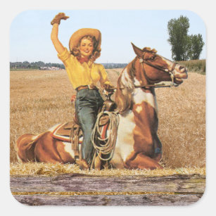 Adesivo Quadrado Vintage Western Cowgirl Na Onda De Cavalo