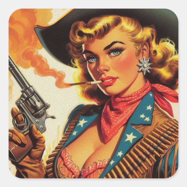 Adesivo Quadrado Vintage Western Cowgirl Pin Up (Frente)