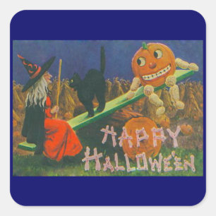 Adesivo Quadrado Vintage Witch e Jack o' Lanterns Tocam Tempo