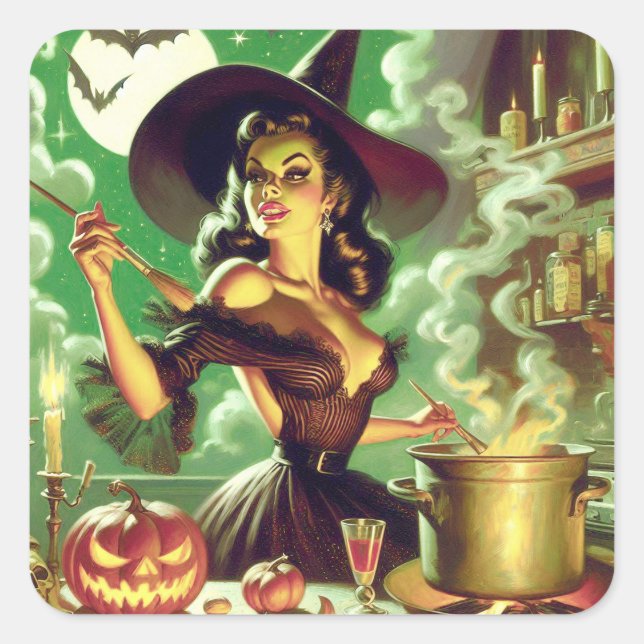 Adesivo Quadrado Vintage Witch Halloween Pin-Up (Frente)