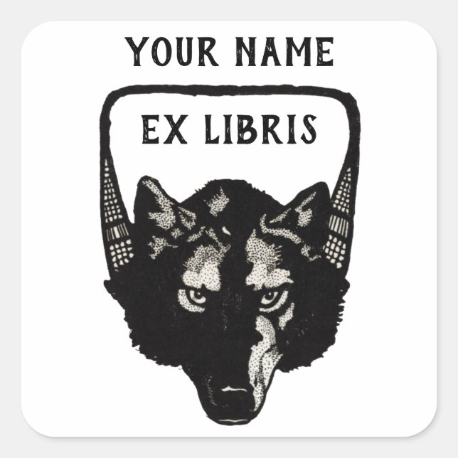 Adesivo Quadrado Vintage Wolf Ex Libris Bookplate Sticker (Frente)