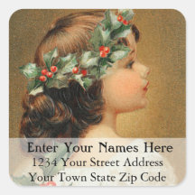 Vintage Young Girl com Holly Address Label