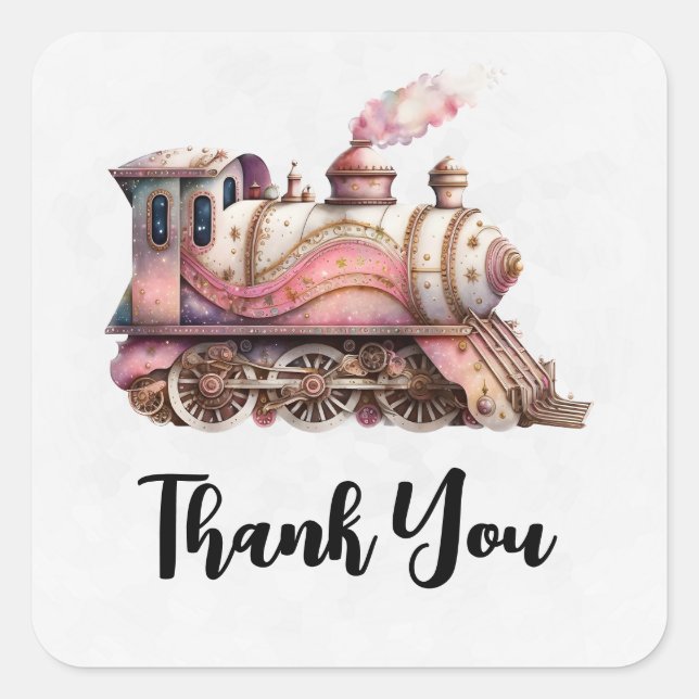 Adesivo Quadrado Vintel De Motor De Comboio Rosa, Steampunk Obrigad (Frente)