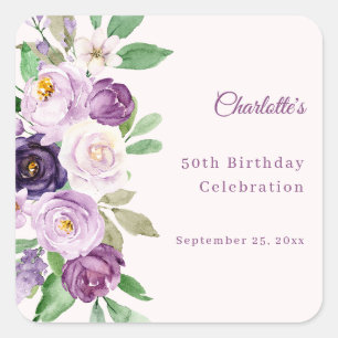 Adesivo Quadrado Violet lilás flores rosa aniversário