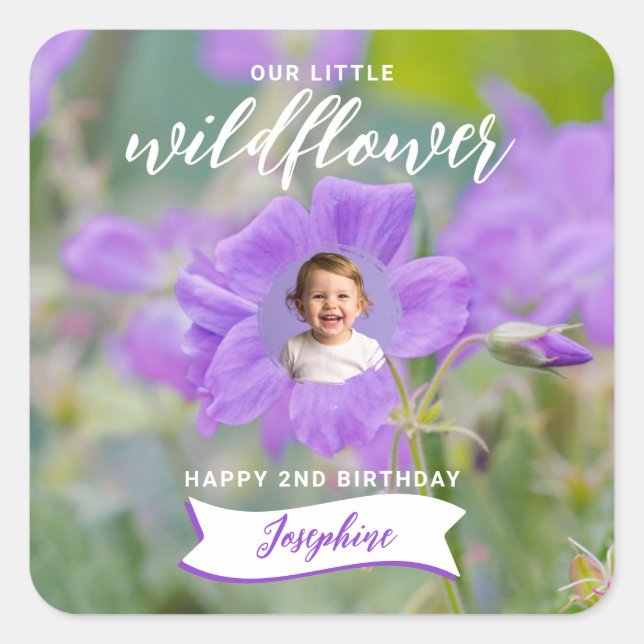 Adesivo Quadrado Violet Wildflower Custom Photo Happy Birthday (Frente)