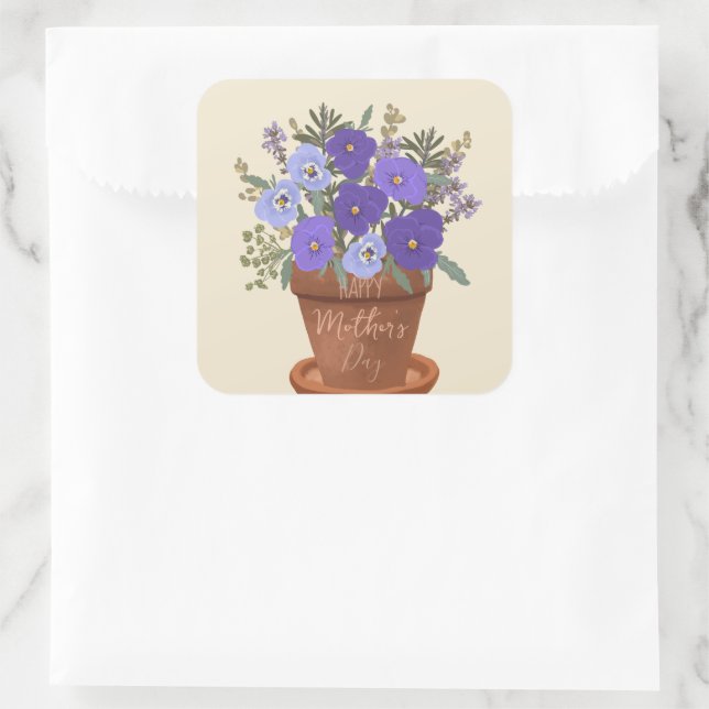 Adesivo Quadrado Violetas Roxas em um Vaso – Arranjo Floral do Dia  (Bolsa)