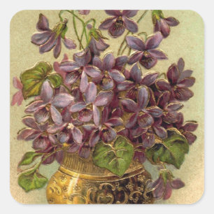 Adesivo Quadrado Violetas Vintage em um Vase Sticker Dourado