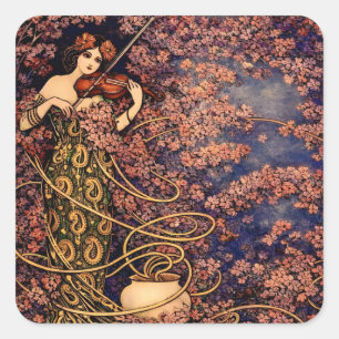 Adesivo Quadrado Violinista Art Nouveau entre Flores – Floral Vinta