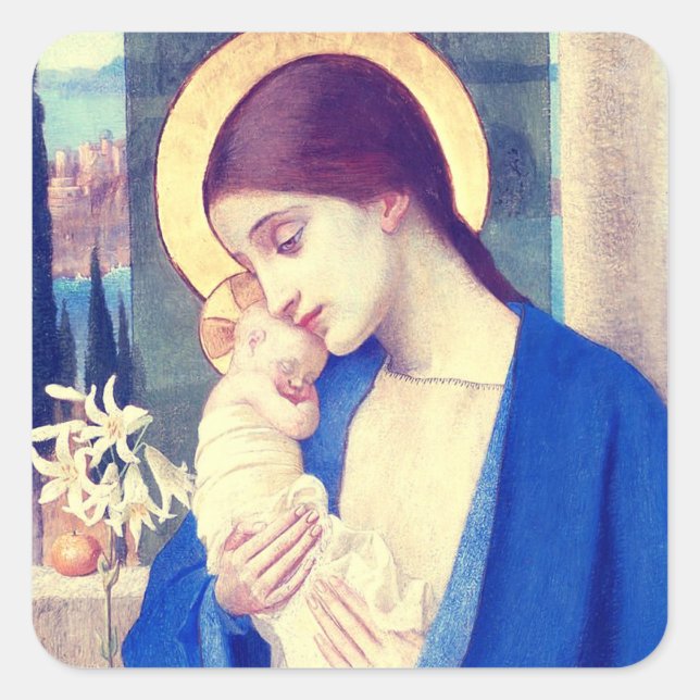 Adesivo Quadrado Virgem Maria e Criança por Marianne Stokes (Frente)
