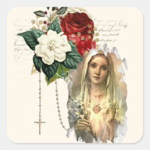 Adesivo Quadrado Virgem Religiosa Maria Rosa Coração Vintage Eleg